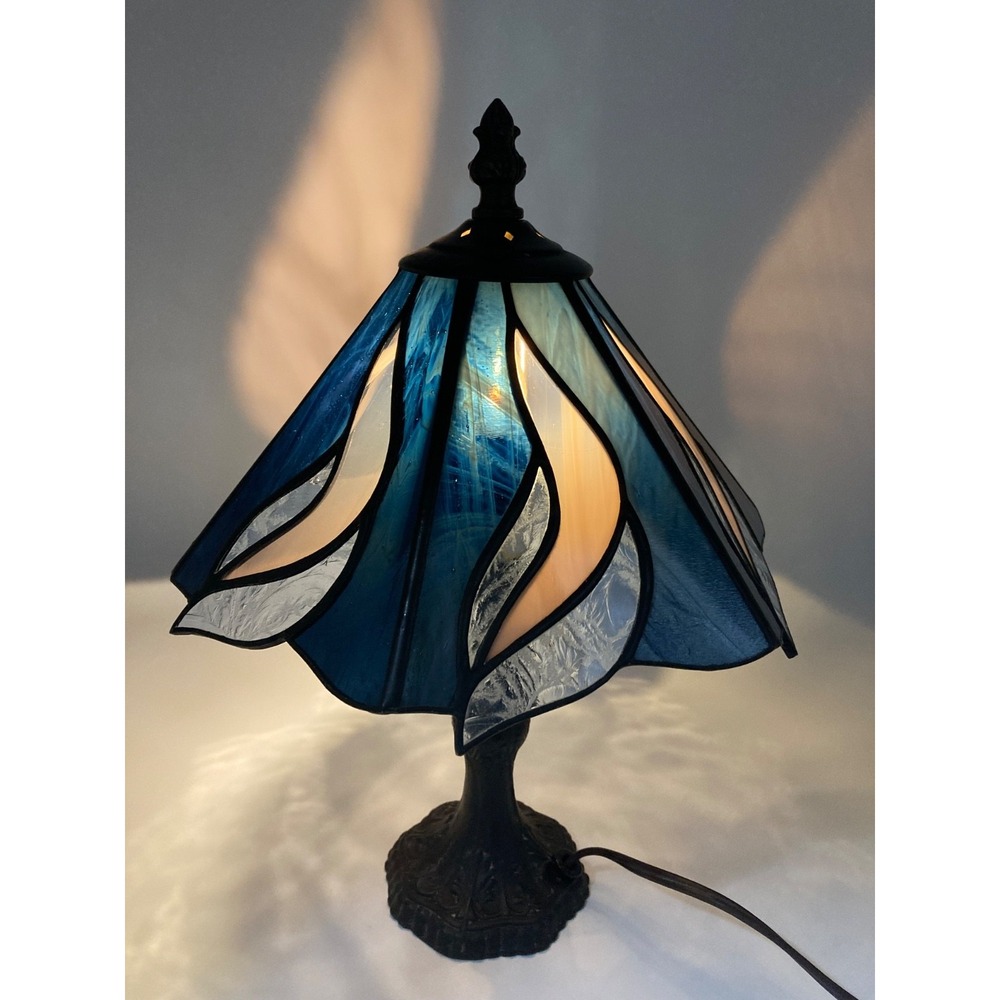 Vintage Mini Stained Glass Table Lamp Blue Pink Slag Glass Leaf Flame Accent 12"